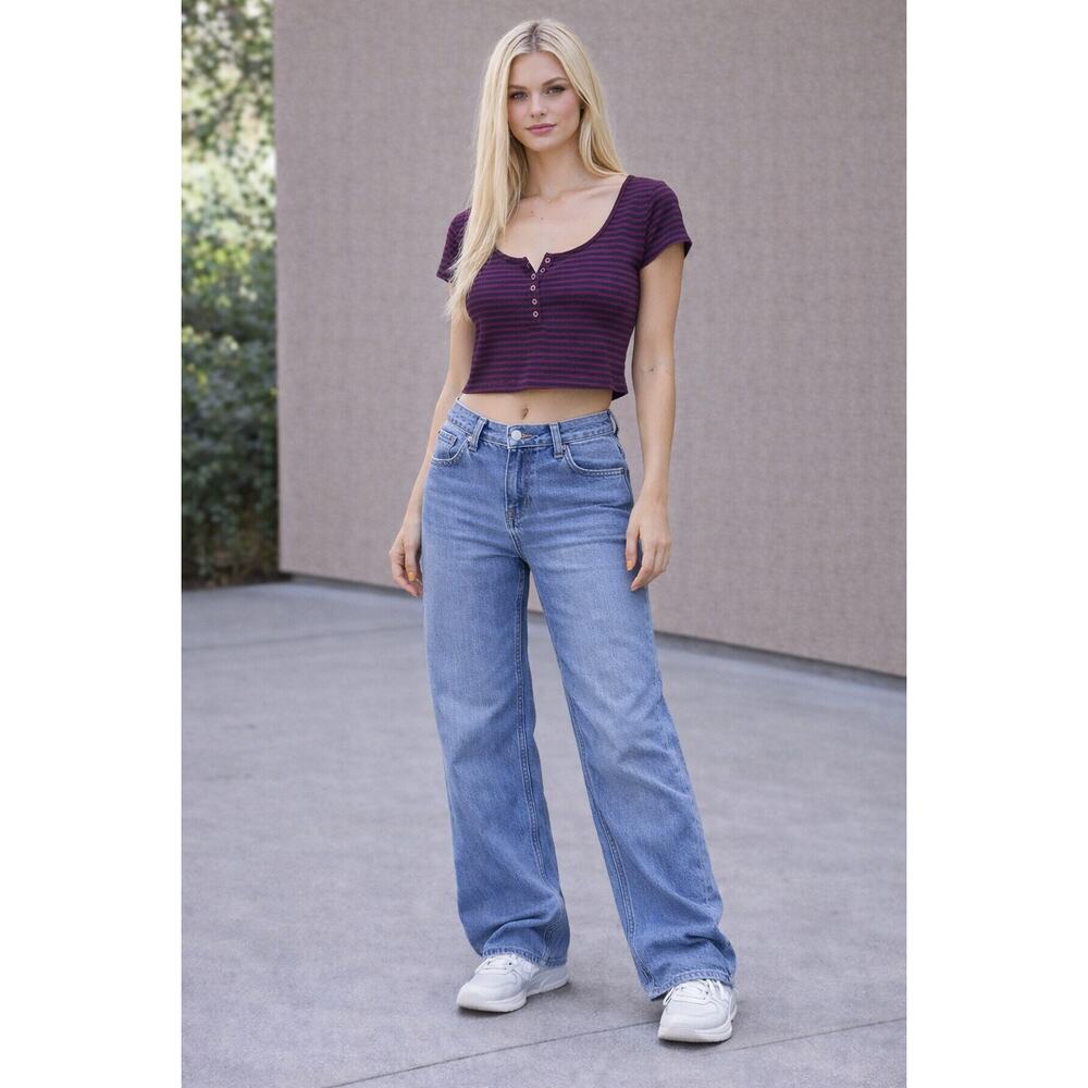 Y2K Babydoll Cropped Henley Cap Sleeve Forever 21 Medium Shirt 90s Casual Fall